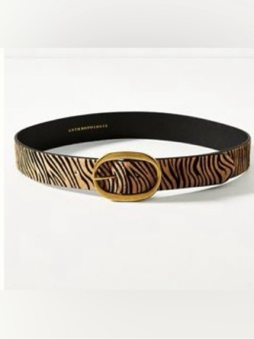 Anthropologie Zebra-Print Brown Leather Belt with Gold Oval Buckle S EUC